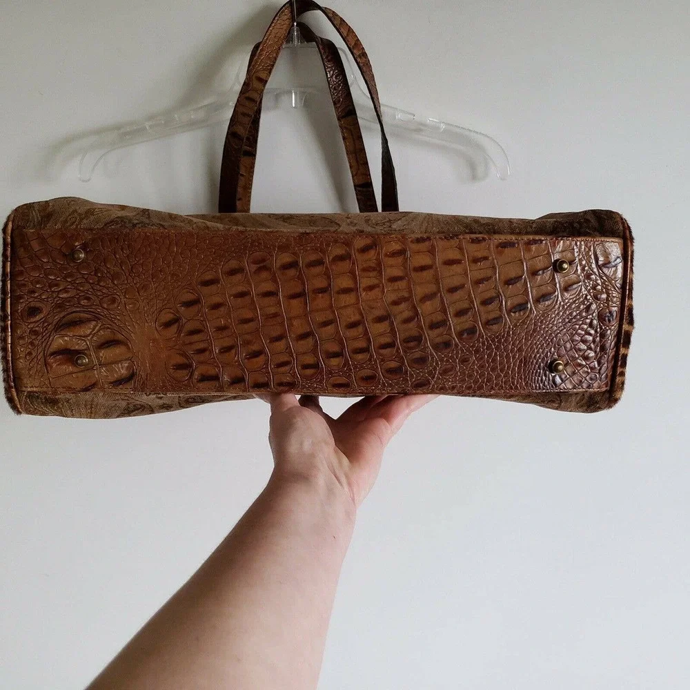 Rare Clever Carriage Company Brown Pony Hair Croc Embossed Leather Large Tote